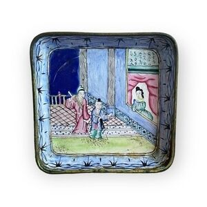 Antique Canton Enamel on Copper Plate 4.25" Hand-Painted Square Tray 1800s